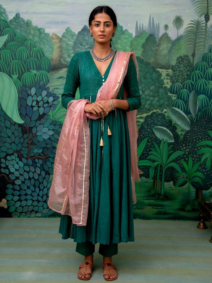 Emerald Green Ethnic Anarkali Set with Soft Pink Dupatta - Myaara
