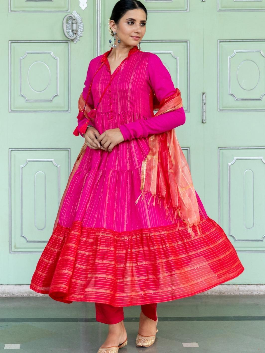Fuchsia & Red Chanderi Blend Ethnic Anarkali Set with Organza Dupatta - Myaara