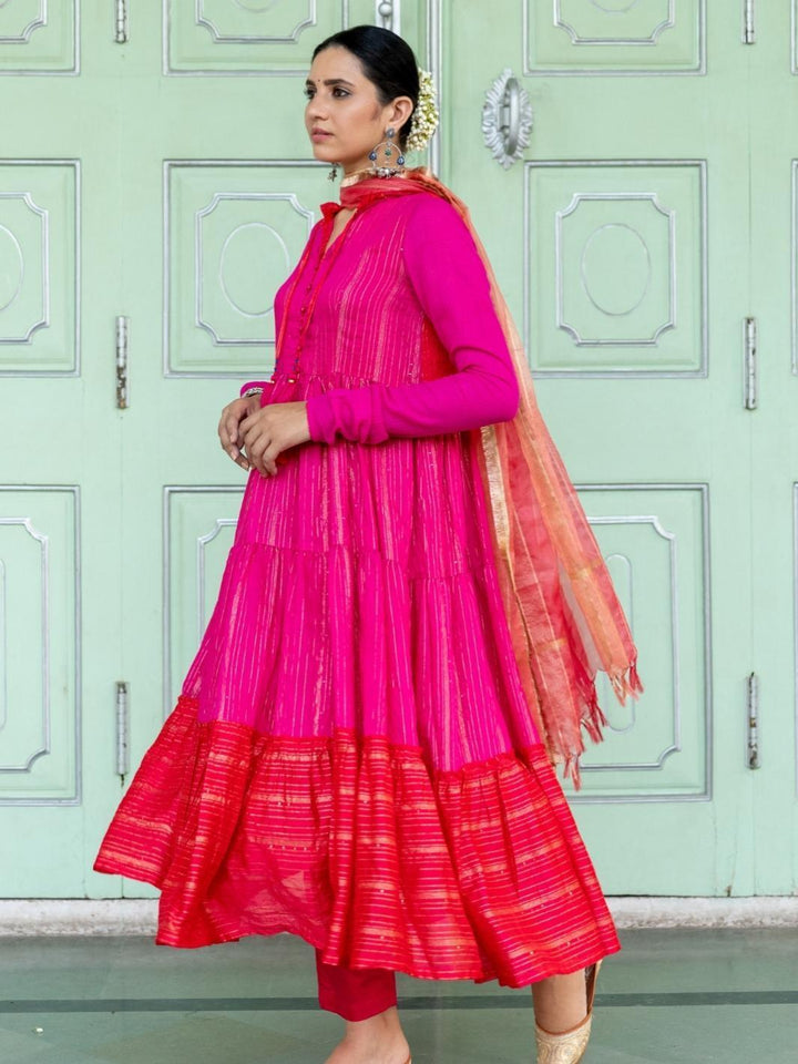 Fuchsia & Red Chanderi Blend Ethnic Anarkali Set with Organza Dupatta - Myaara