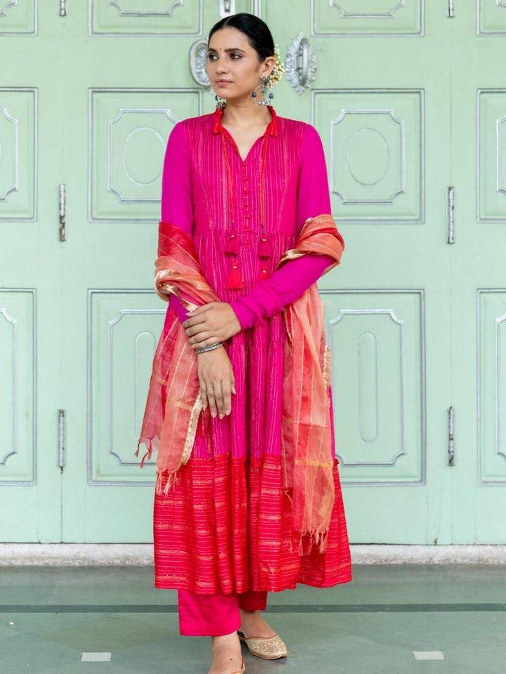 Fuchsia & Red Chanderi Blend Ethnic Anarkali Set with Organza Dupatta - Myaara