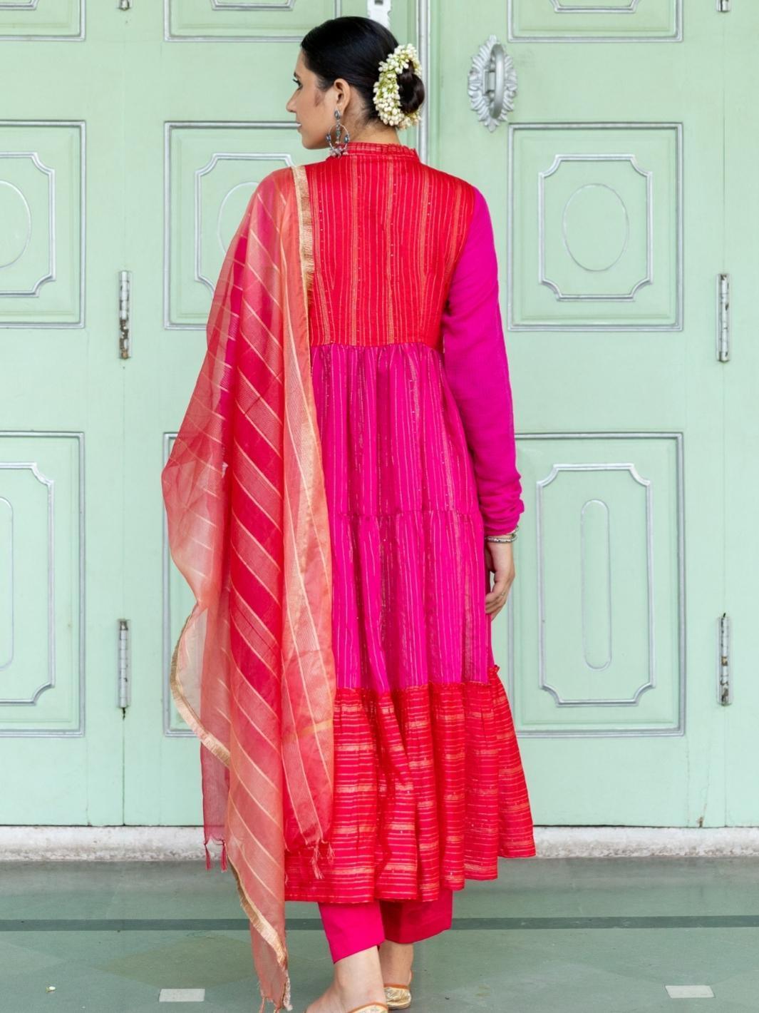 Fuchsia & Red Chanderi Blend Ethnic Anarkali Set with Organza Dupatta - Myaara