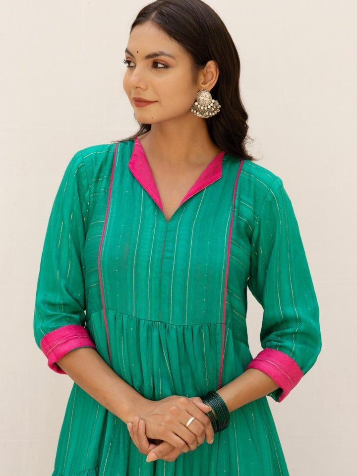 Green Chanderi Flared Kurta Set with Pants - Myaara