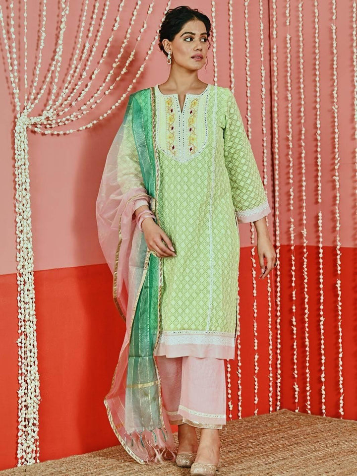 Green Cotton Ethnic Kurta Set with Self-Embroidery & Organza Dupatta - Myaara