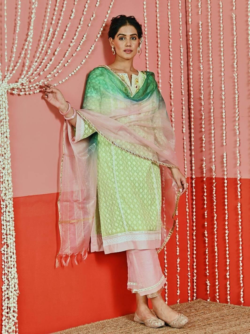 Green Cotton Ethnic Kurta Set with Self-Embroidery & Organza Dupatta - Myaara