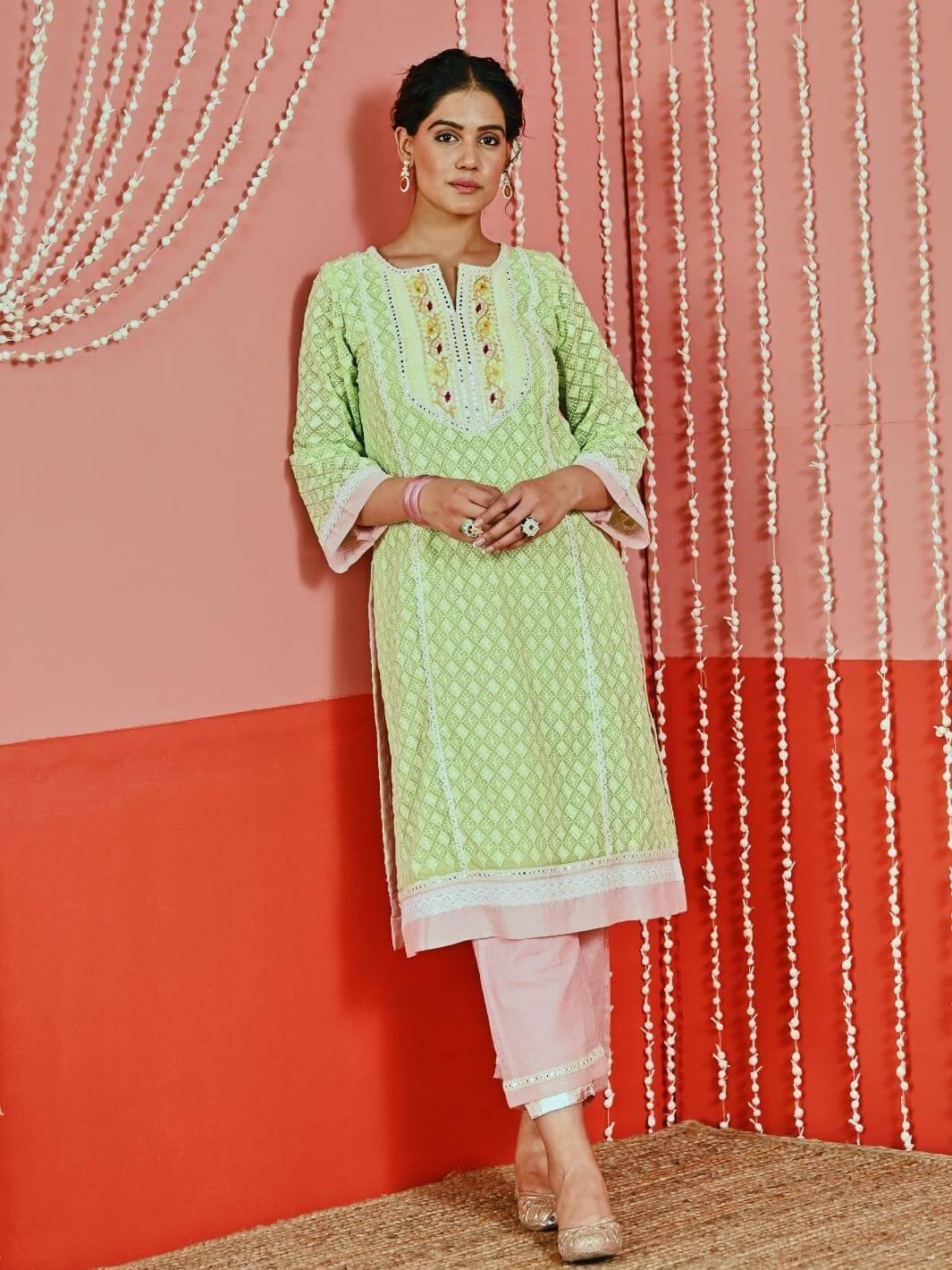Green Cotton Ethnic Kurta Set with Self-Embroidery & Organza Dupatta - Myaara