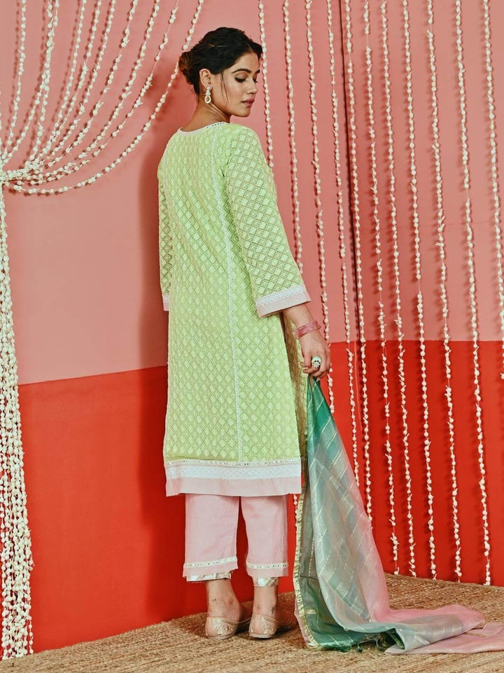 Green Cotton Ethnic Kurta Set with Self-Embroidery & Organza Dupatta - Myaara