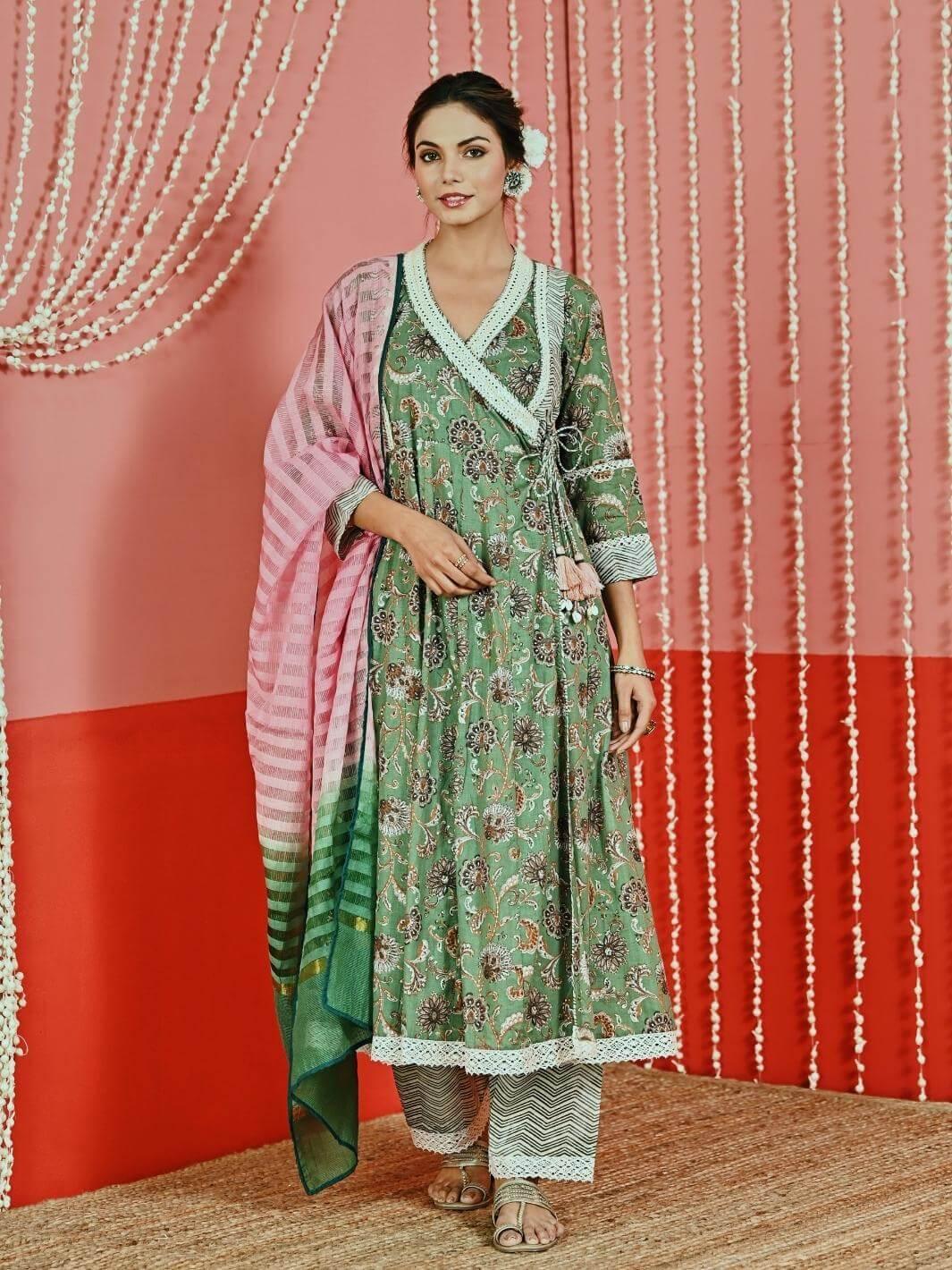 Green Printed Cotton Ethnic Anarkali Set with Ombre Dupatta - Myaara