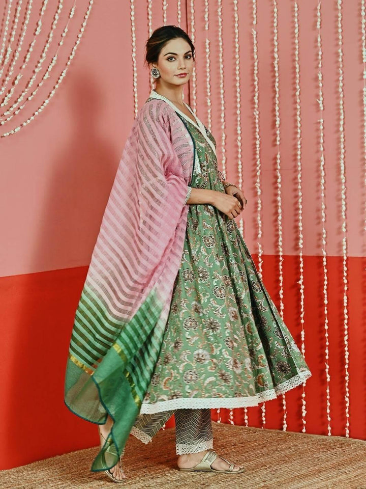 Green Printed Cotton Ethnic Anarkali Set with Ombre Dupatta - Myaara