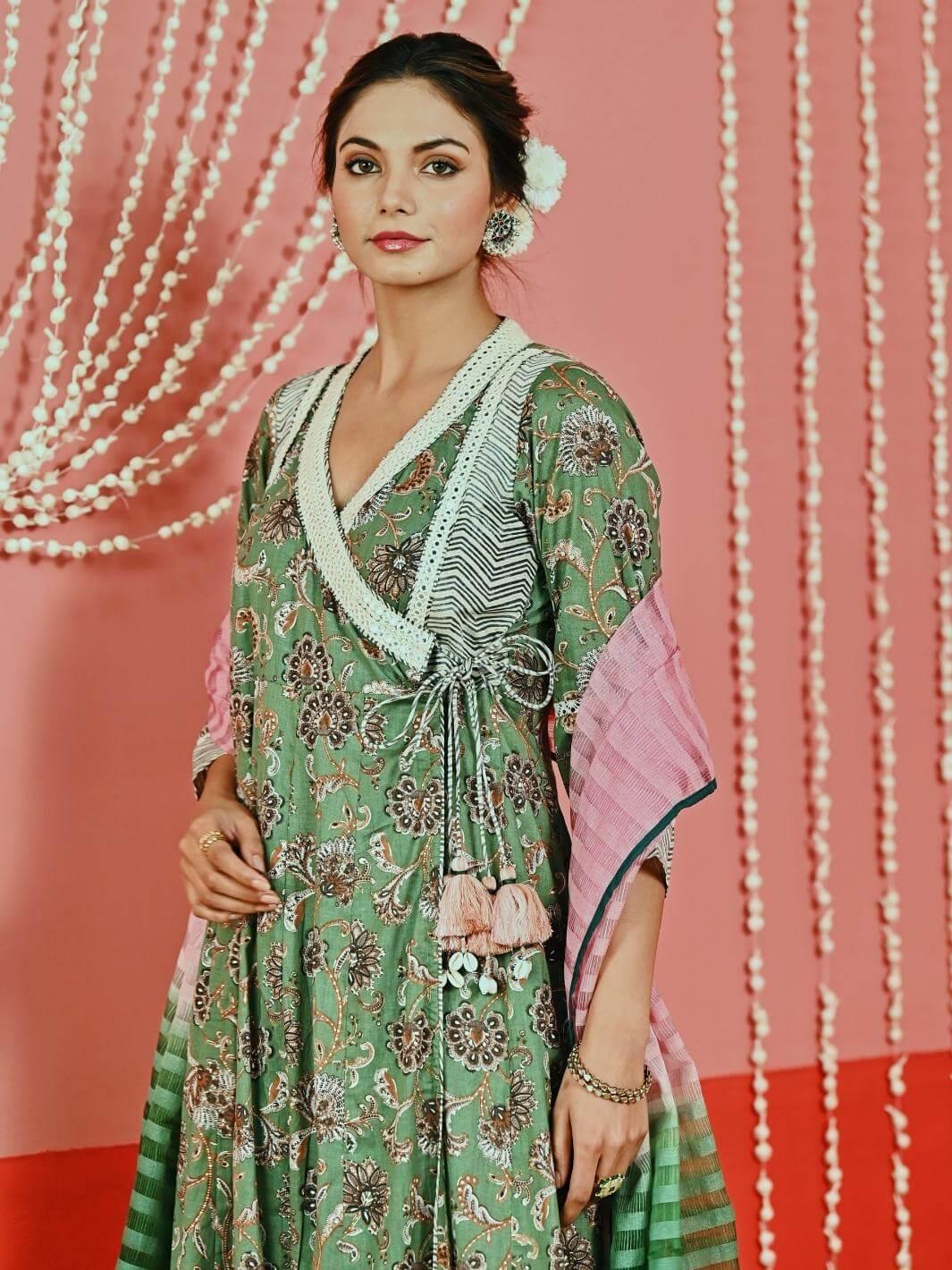 Green Printed Cotton Ethnic Anarkali Set with Ombre Dupatta - Myaara