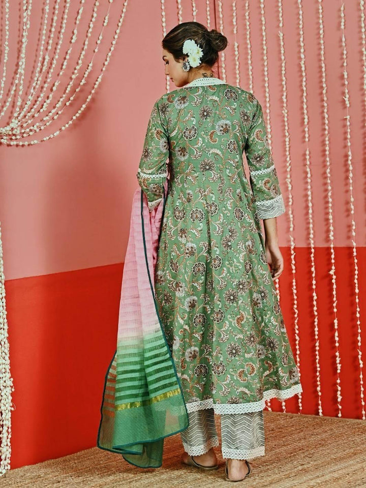 Green Printed Cotton Ethnic Anarkali Set with Ombre Dupatta - Myaara