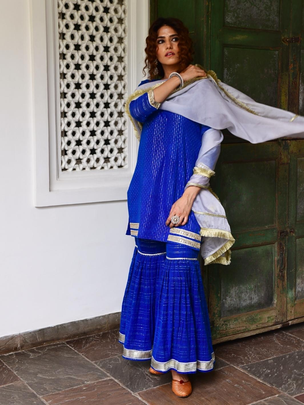 Indigo Blue Ethnic Sharara Set with Organza Dupatta & Gota-work - Myaara