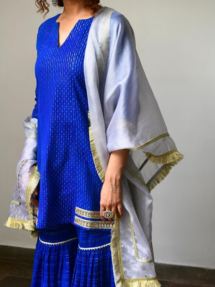 Indigo Blue Ethnic Sharara Set with Organza Dupatta & Gota-work - Myaara