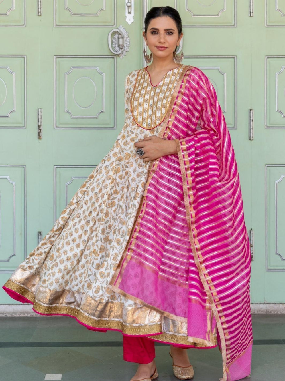 Ivory Printed Muslin Anarkali Set with Cotton Organza Dupatta - Myaara