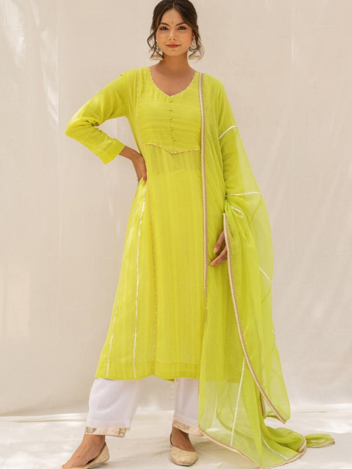 Lemon Green A-line Chanderi Ethnic Kurta Set with Kota Dupatta - Myaara