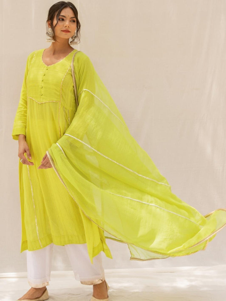 Lemon Green A-line Chanderi Ethnic Kurta Set with Kota Dupatta - Myaara