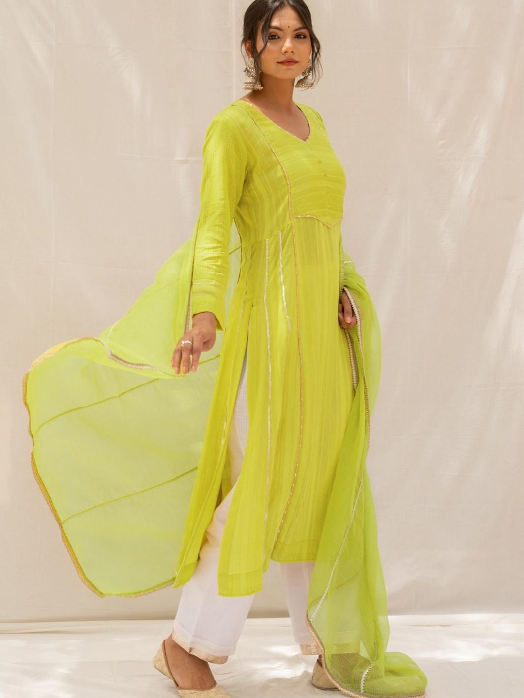 Pastel Green Kurti with Printed Kurti Pants and Lemon Dupatta | Printed  kurti, Kurtis with pants, A line kurti