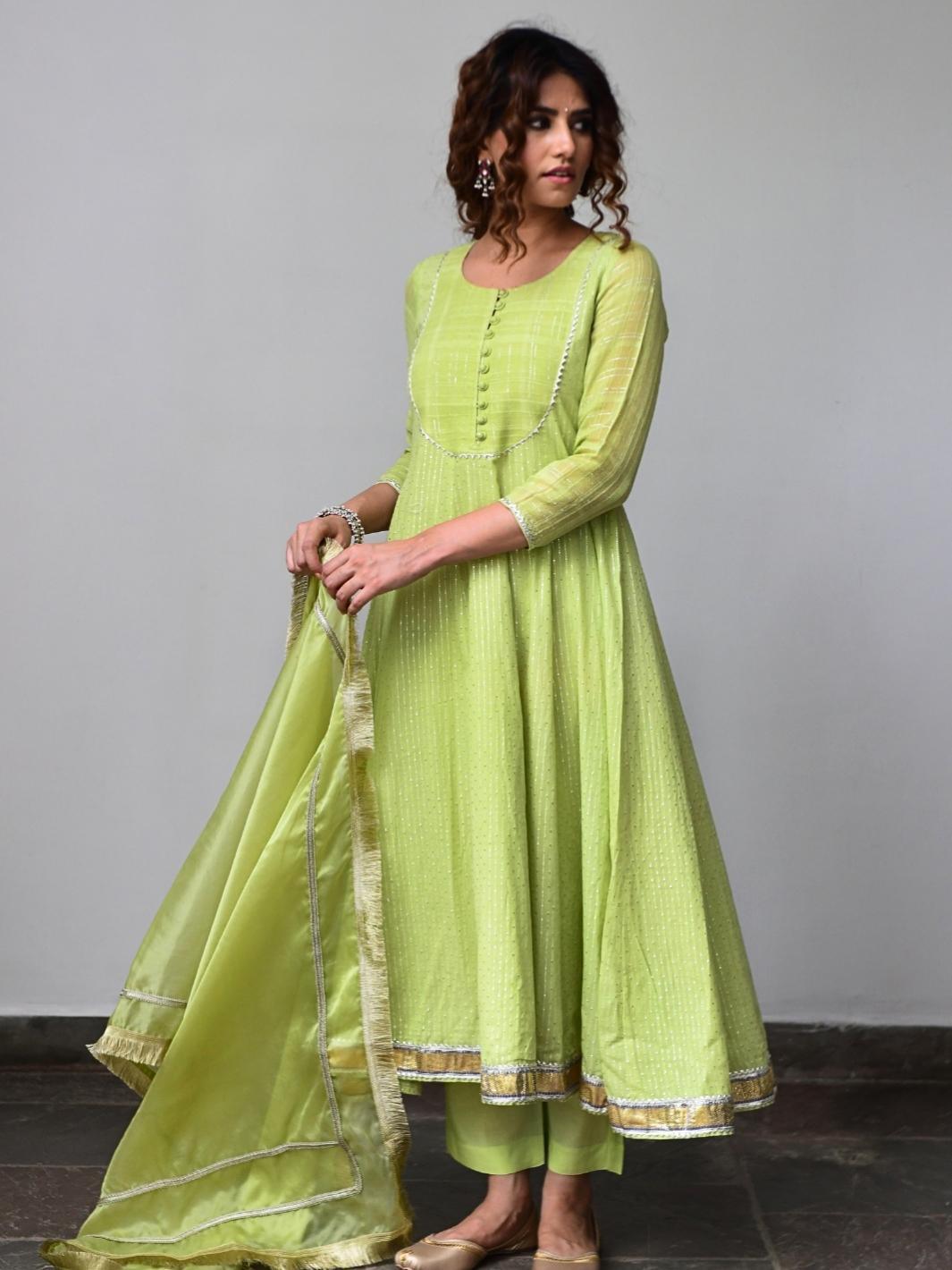 Lime Green Ethnic Anarkali Set with Organza Dupatta & Gota-work - Myaara