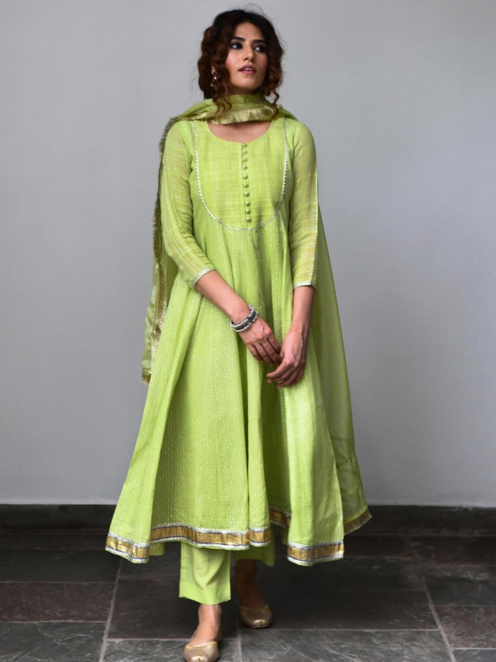 Lime Green Ethnic Anarkali Set with Organza Dupatta & Gota-work - Myaara
