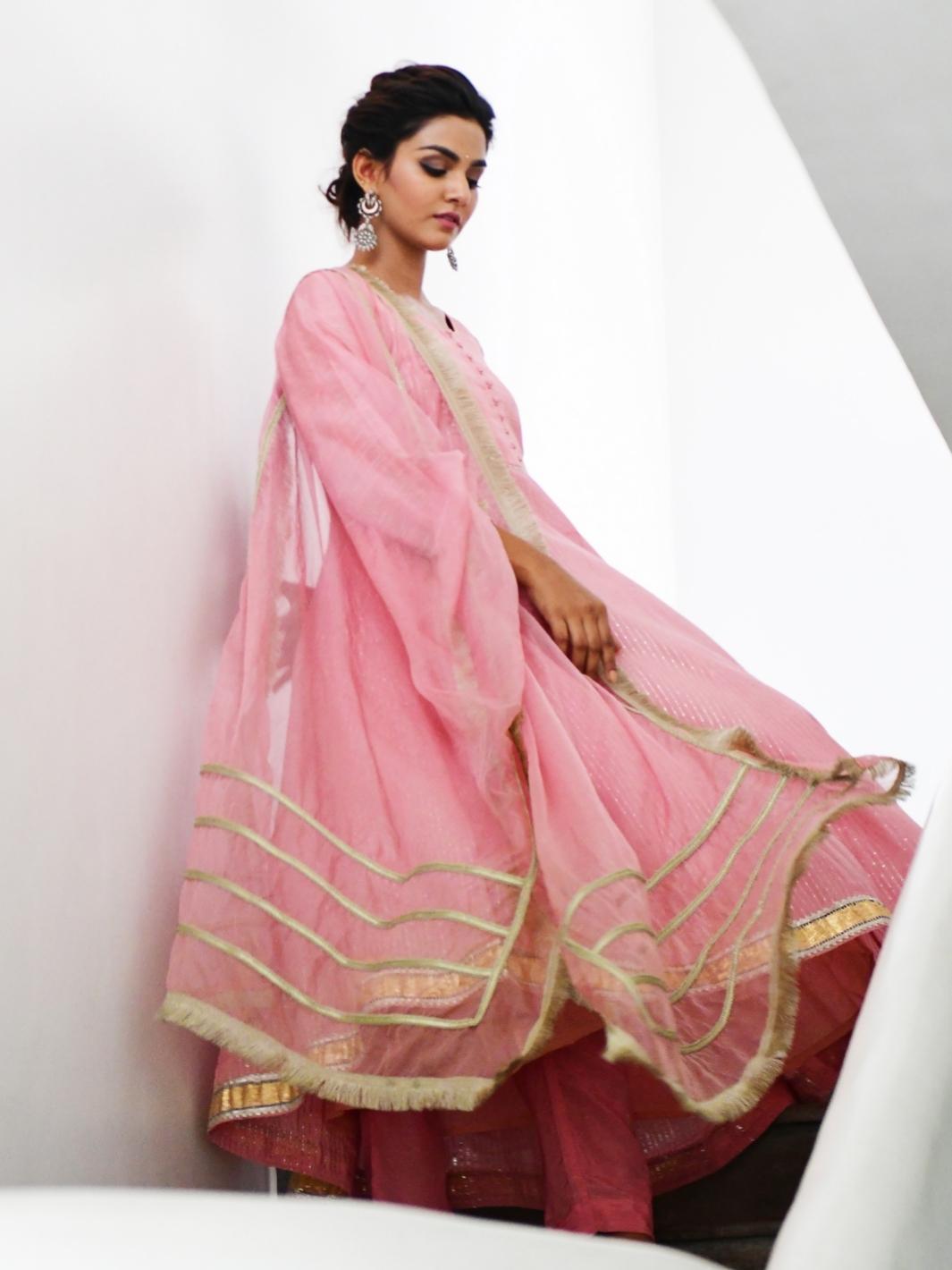 Lotus Pink Ethnic Anarkali Set with Organza Dupatta & Gota-work - Myaara