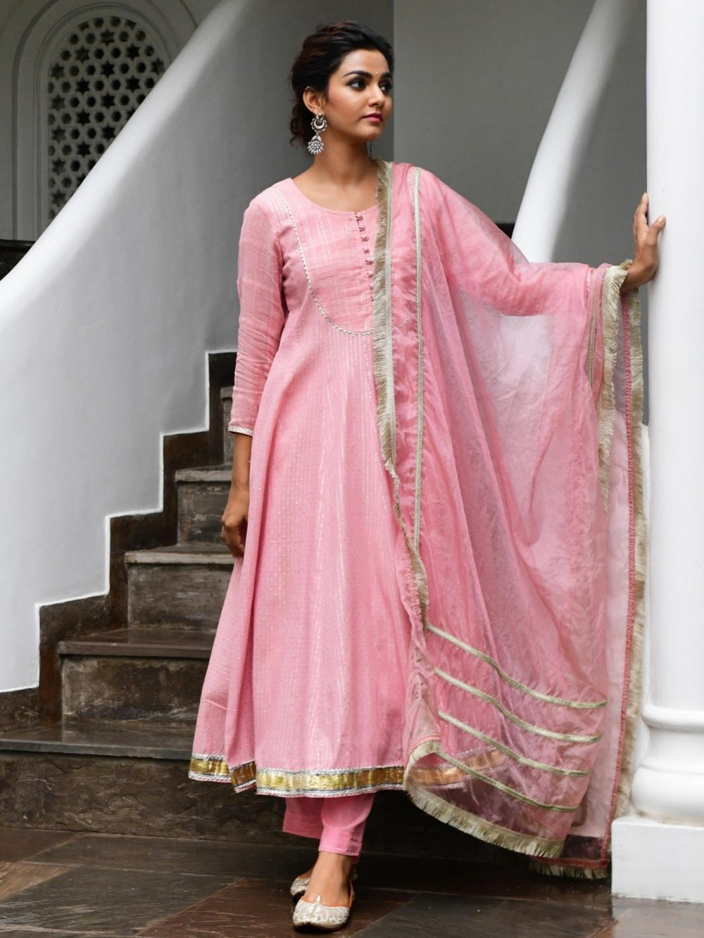 Lotus Pink Ethnic Anarkali Set with Organza Dupatta & Gota-work - Myaara