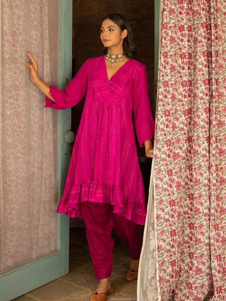 Magenta Chanderi Aymmetric Short Kurta Set with Kota Stole - Myaara