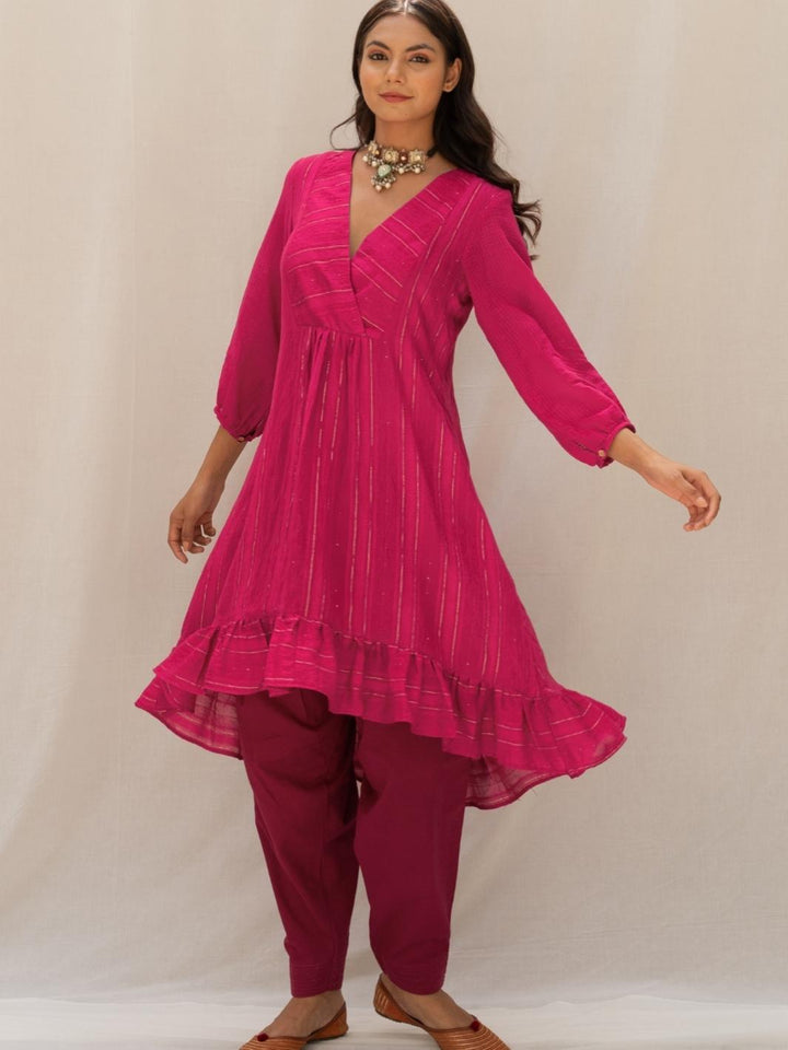 Magenta Chanderi Aymmetric Short Kurta Set with Kota Stole - Myaara