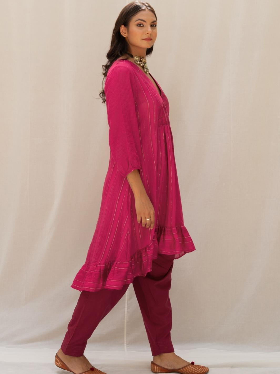 Magenta Chanderi Aymmetric Short Kurta Set with Kota Stole - Myaara