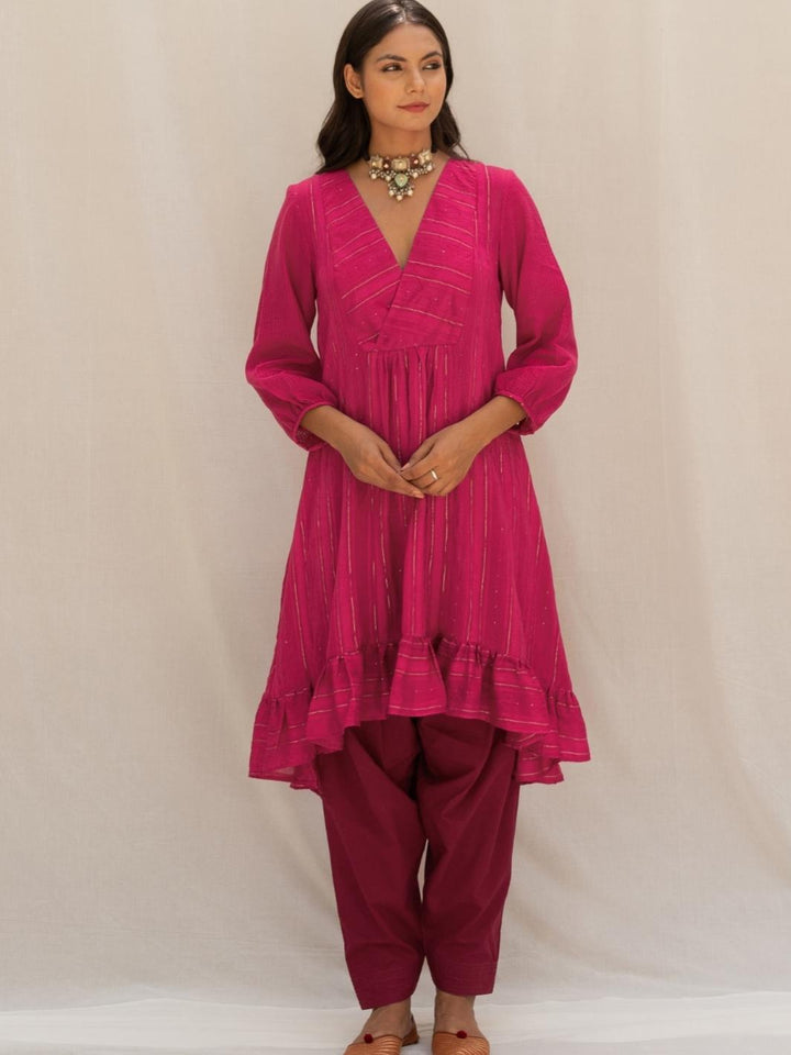 Magenta Chanderi Aymmetric Short Kurta Set with Kota Stole - Myaara