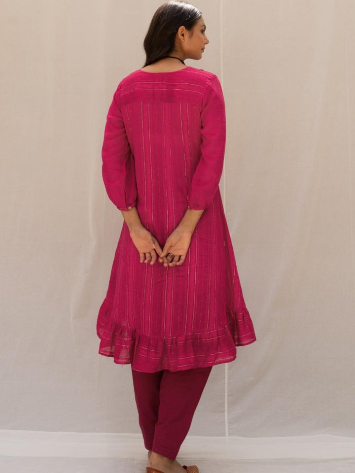 Magenta Chanderi Aymmetric Short Kurta Set with Kota Stole - Myaara