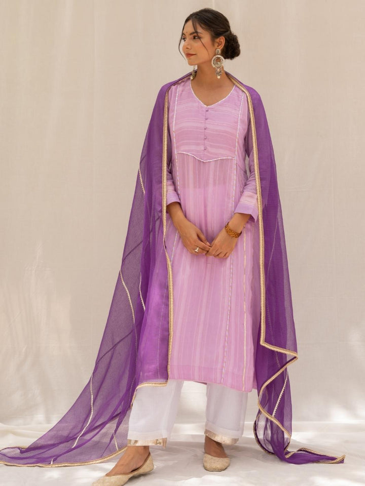 Mauve A-line Chanderi Ethnic Kurta Set with Kota Dupatta - Myaara