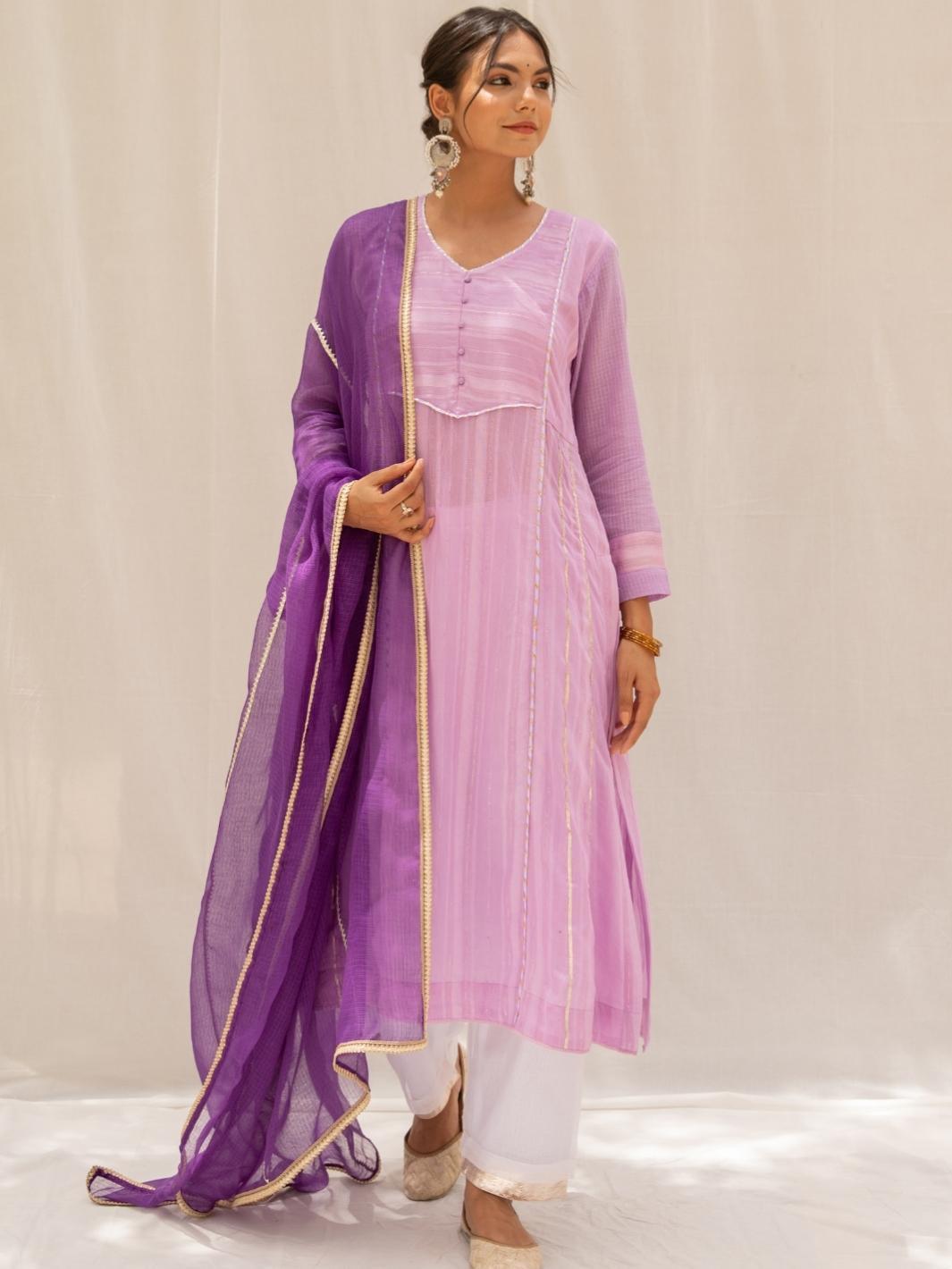 Mauve A-line Chanderi Ethnic Kurta Set with Kota Dupatta - Myaara