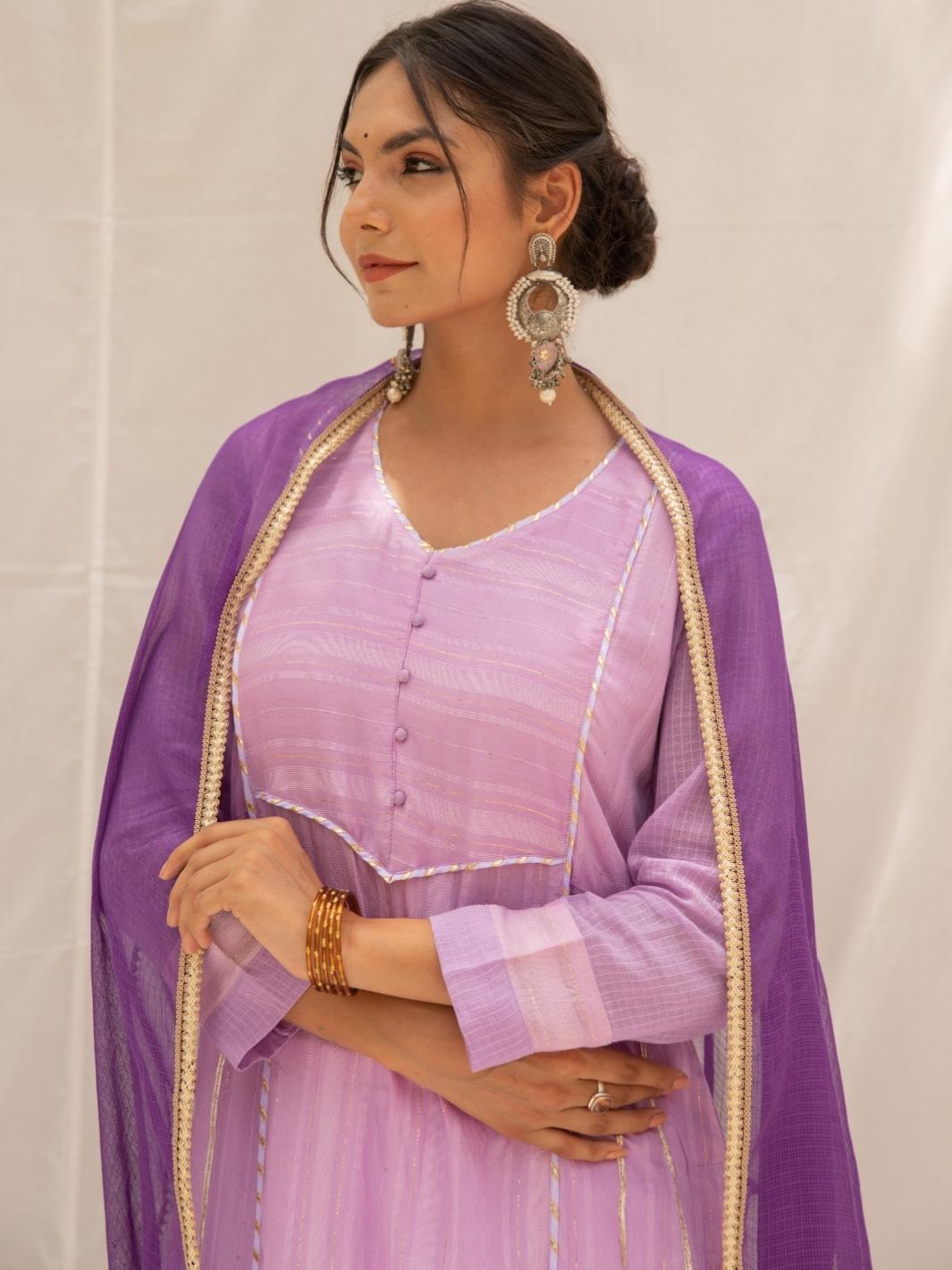 Mauve A-line Chanderi Ethnic Kurta Set with Kota Dupatta - Myaara