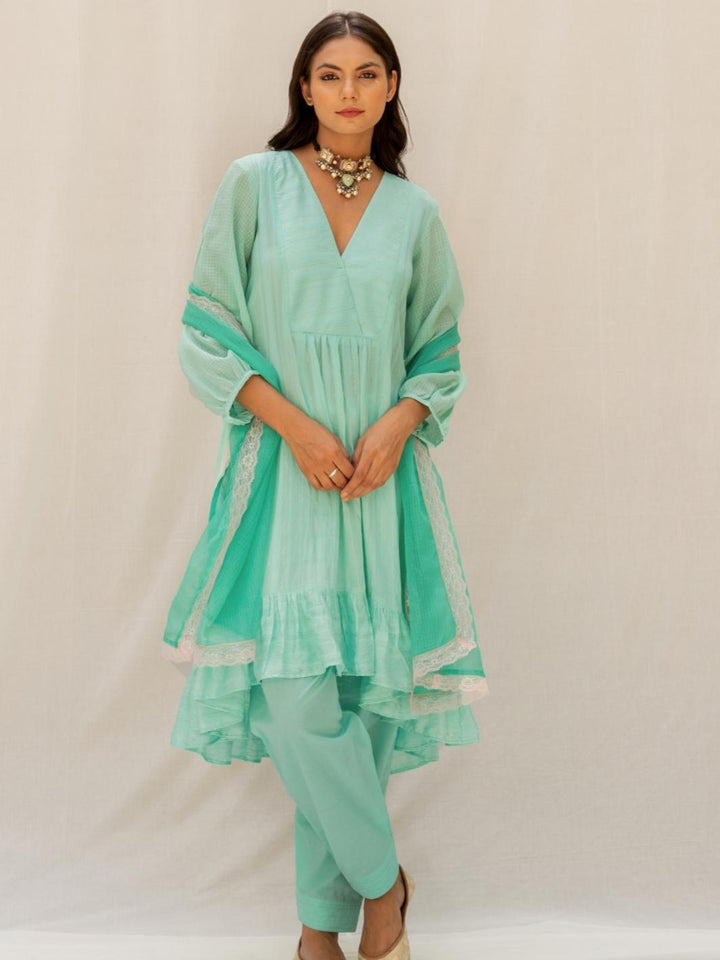 Mint Chanderi Aymmetric Short Kurta Set with Kota Stole - Myaara