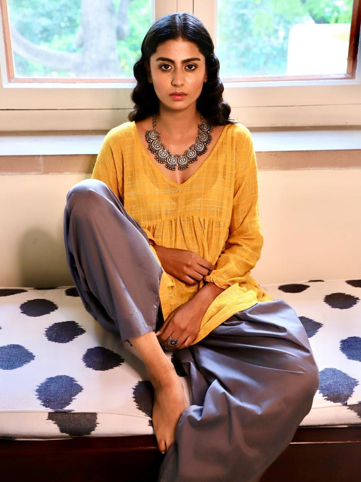 Mustard & Grey Cotton Lurex Fusion Set - Myaara