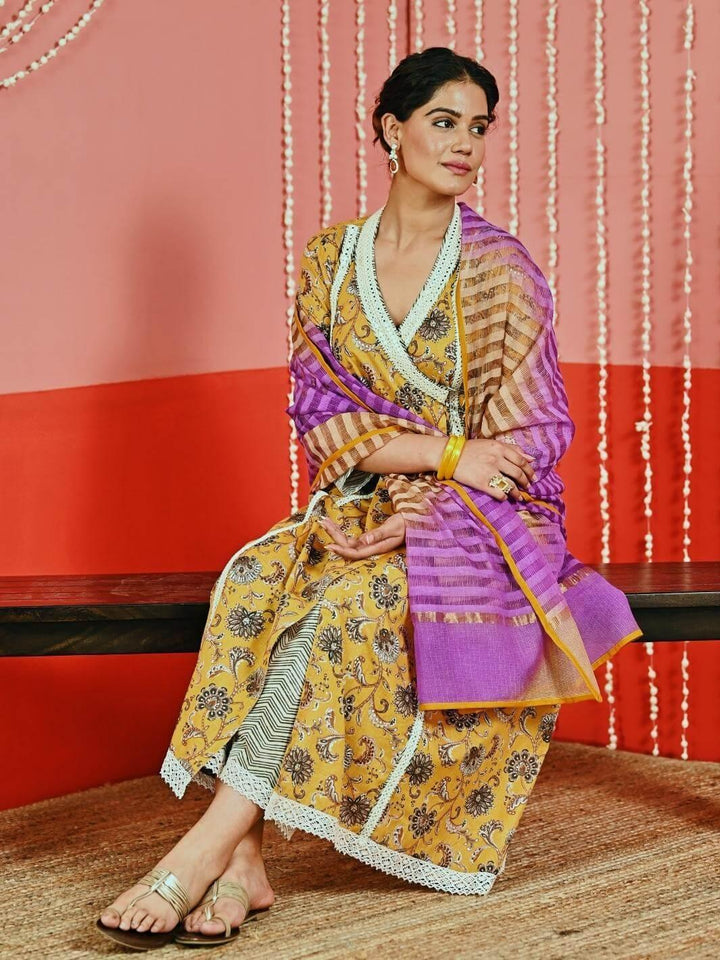 Mustard Yellow Printed Cotton Ethnic Anarkali Set with Ombre Dupatta - Myaara