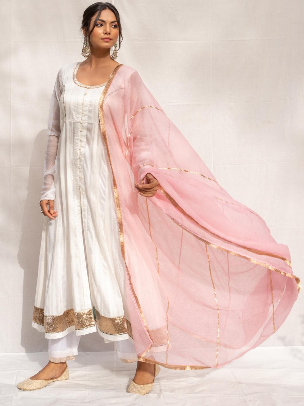 Off-White Chanderi Ethnic Anarkali Set with Pink Kota Dupatta - Myaara