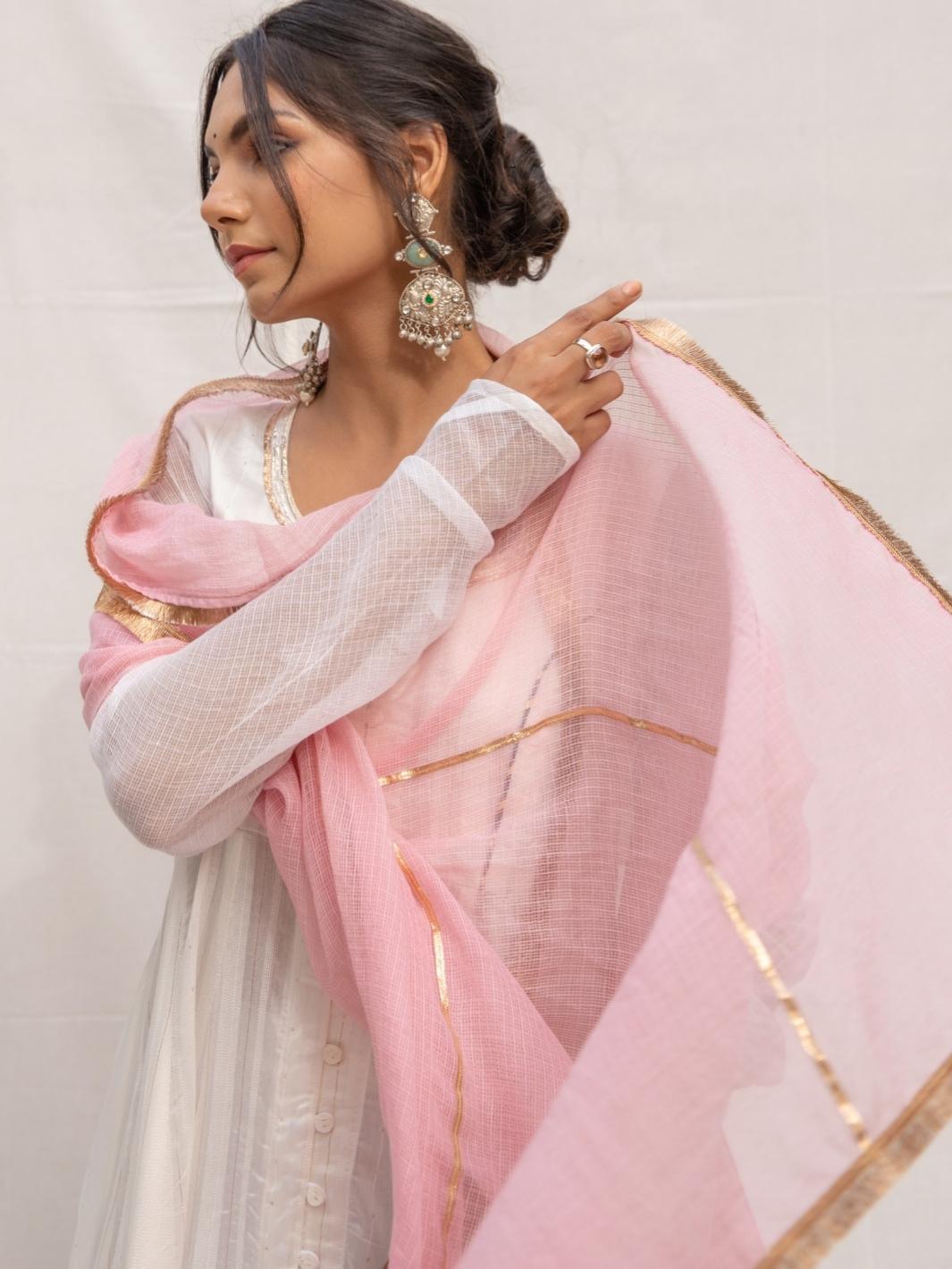 Off-White Chanderi Ethnic Anarkali Set with Pink Kota Dupatta - Myaara