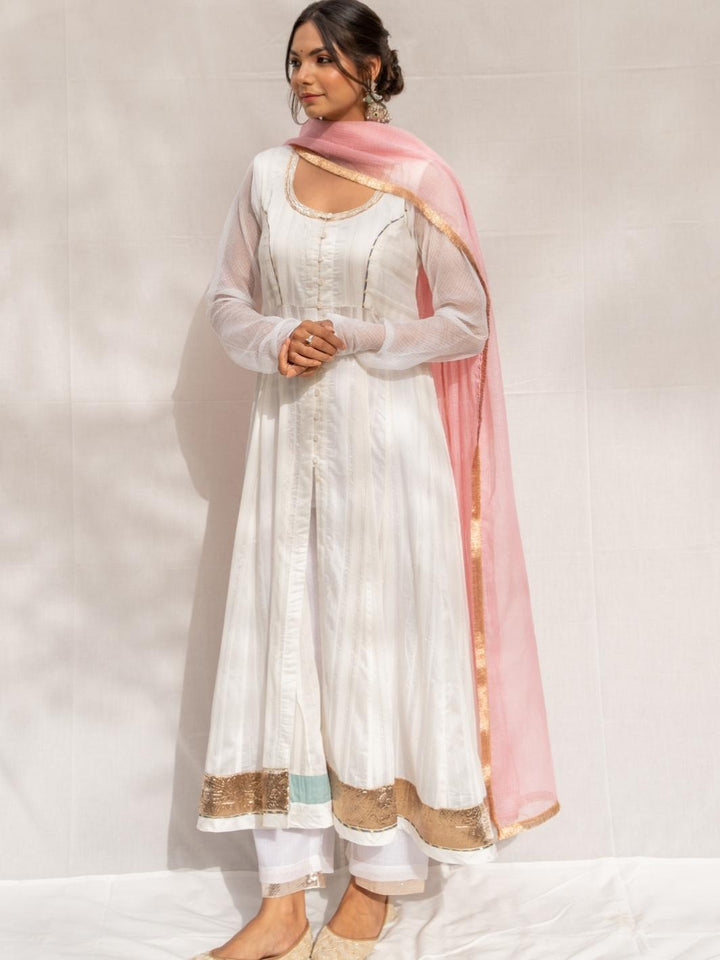 Off-White Chanderi Ethnic Anarkali Set with Pink Kota Dupatta - Myaara