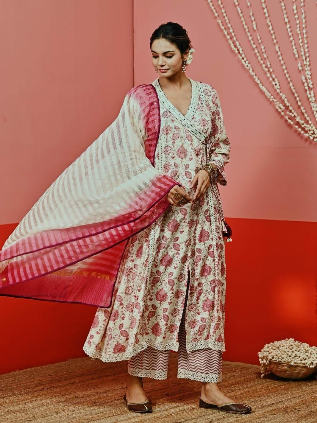 Off-White Printed Cotton Ethnic Anarkali Set with Ombre Dupatta - Myaara
