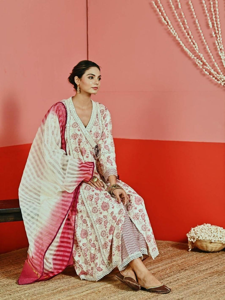 Off-White Printed Cotton Ethnic Anarkali Set with Ombre Dupatta - Myaara