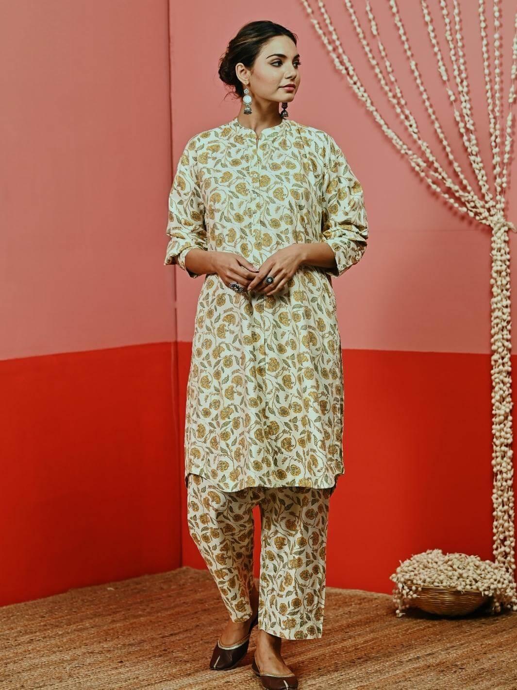 Off White Printed Short Muslin Kurta Set - Myaara