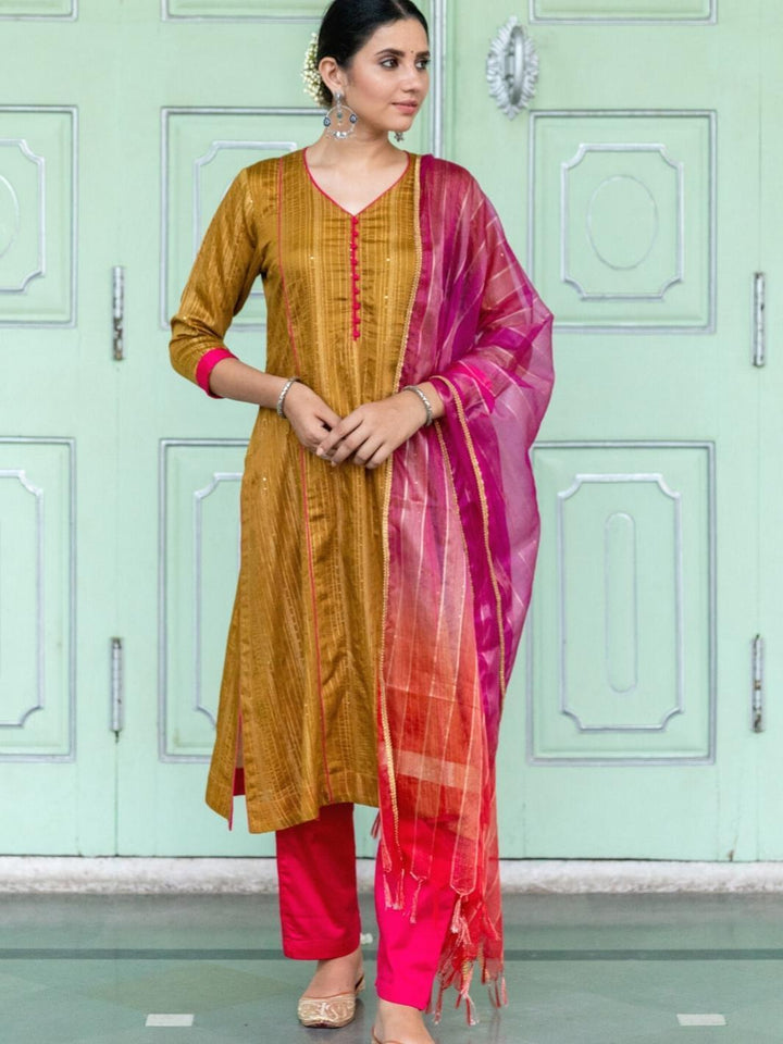 Olive A-line Chanderi Ethnic Kurta Set with Ombre Organza Dupatta - Myaara