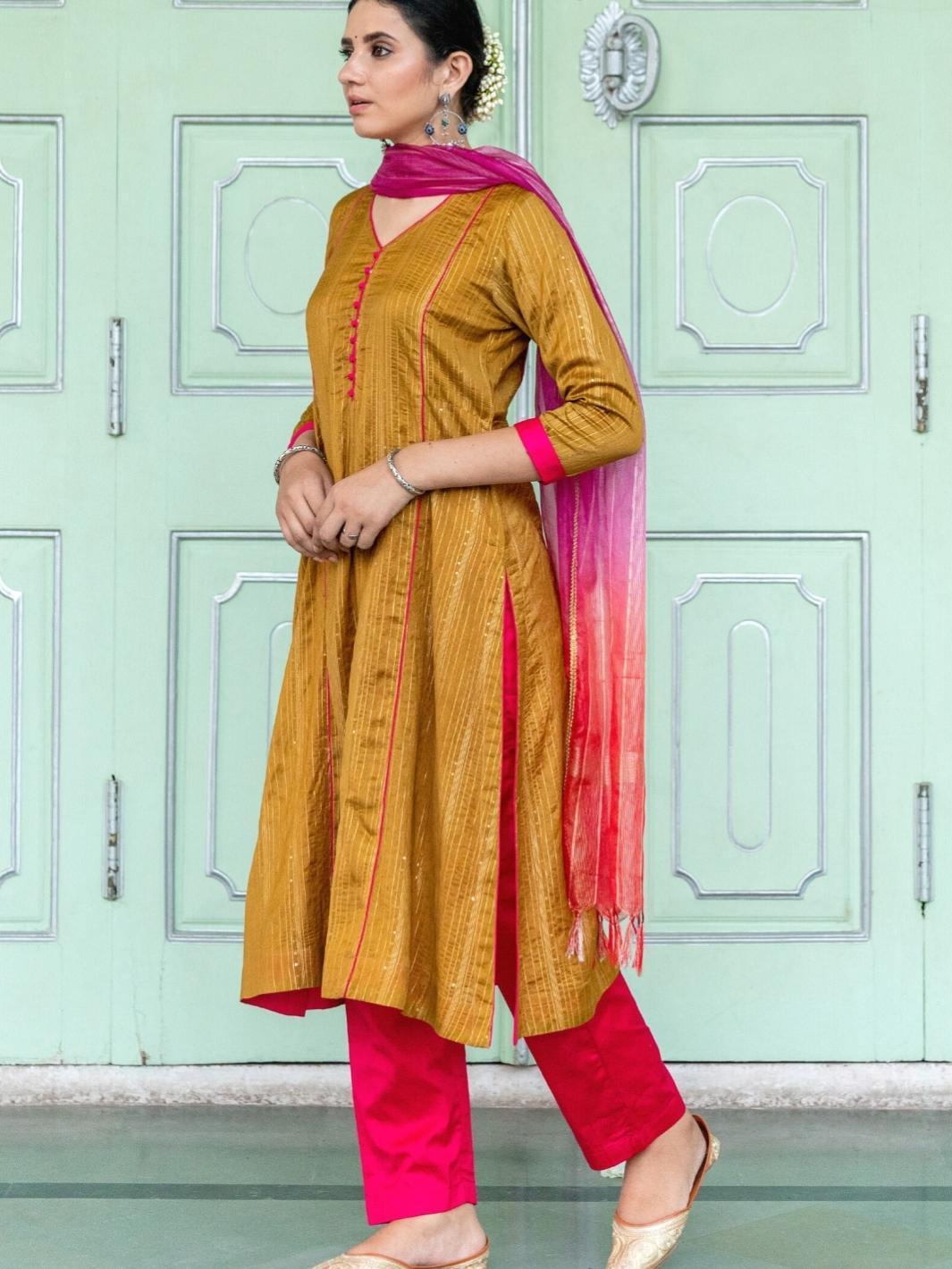 Olive A-line Chanderi Ethnic Kurta Set with Ombre Organza Dupatta - Myaara