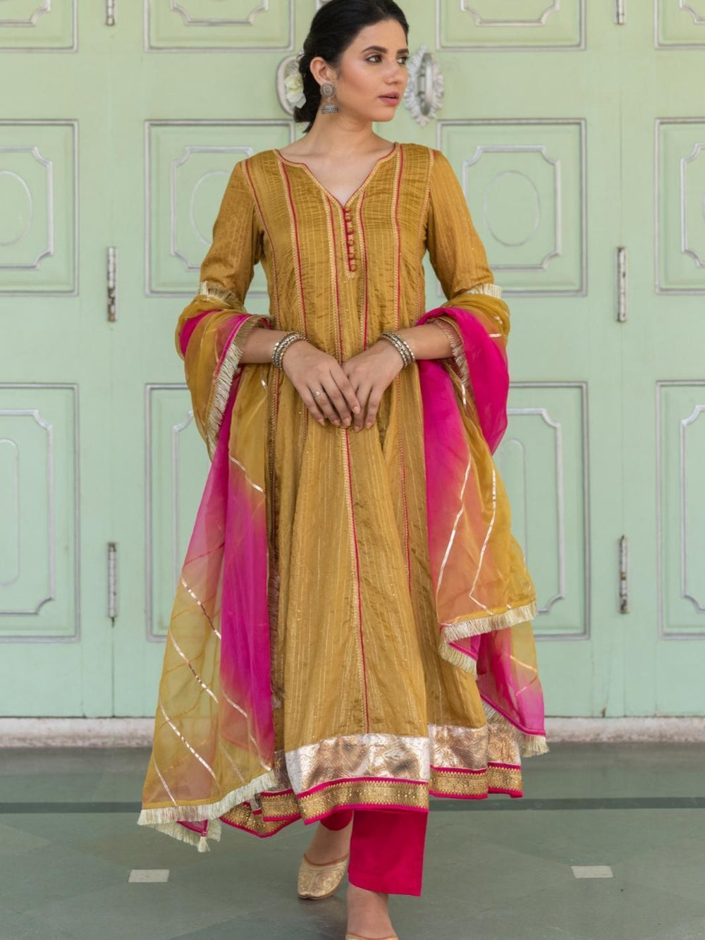 Olive Ethnic Anarkali Set with Organza Dupatta & Gota-work - Myaara