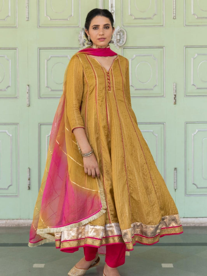 Olive Ethnic Anarkali Set with Organza Dupatta & Gota-work - Myaara