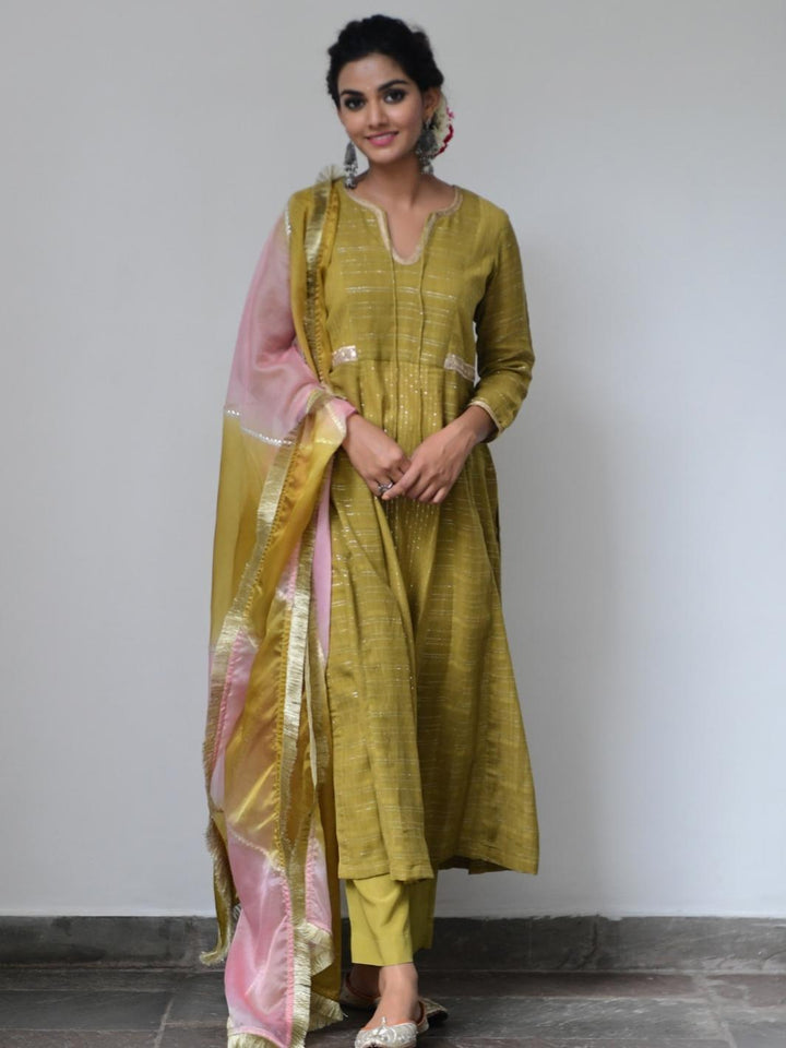 Olive Ethnic Kurta Set with Leheriya Dupatta & Gota-work - Myaara