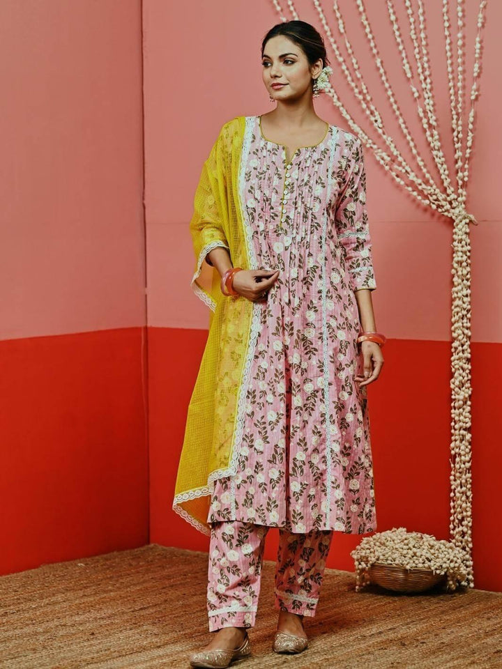 Peach Printed Cotton Kurta Set with Lace-details & Kota Dupatta - Myaara