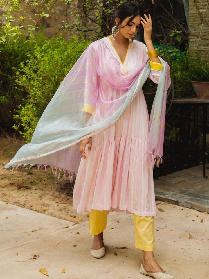 Pink Chanderi Flared Anarkali Set with Ombre Organza Dupatta - Myaara
