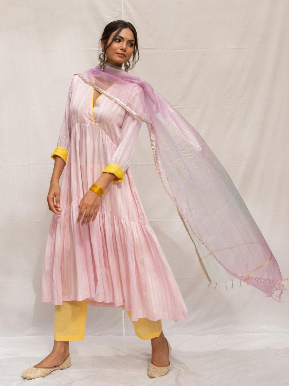 Pink Chanderi Flared Anarkali Set with Ombre Organza Dupatta - Myaara