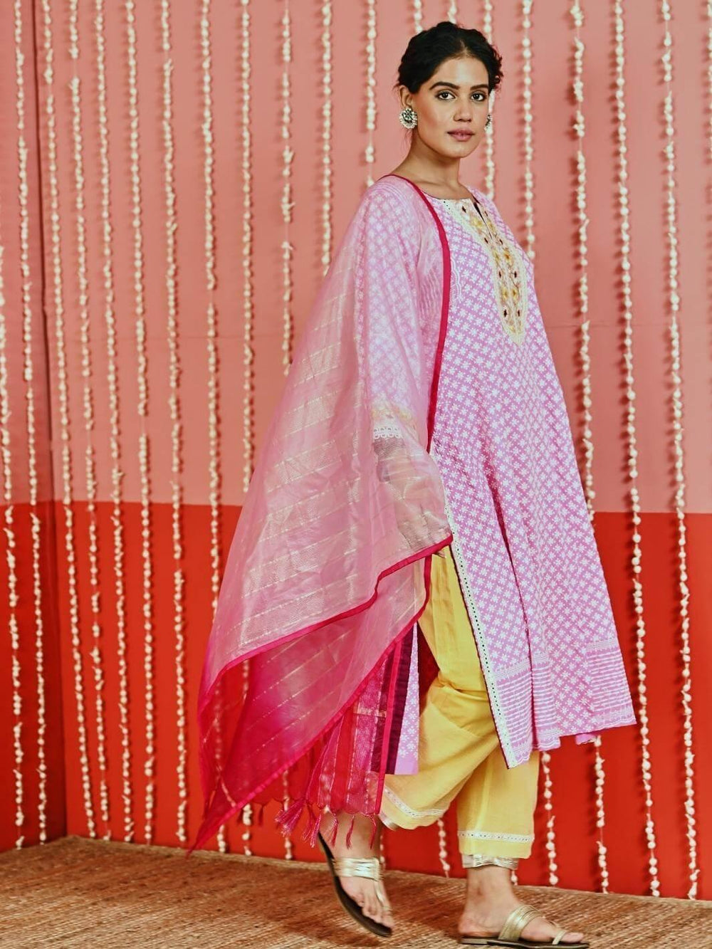 Pink Cotton Ethnic Kurta Set with Self-Embroidery & Organza Dupatta - Myaara